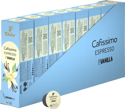 A display box of Tchibo Cafissimo Espresso Vanilla coffee capsules, with one capsule shown in the foreground.