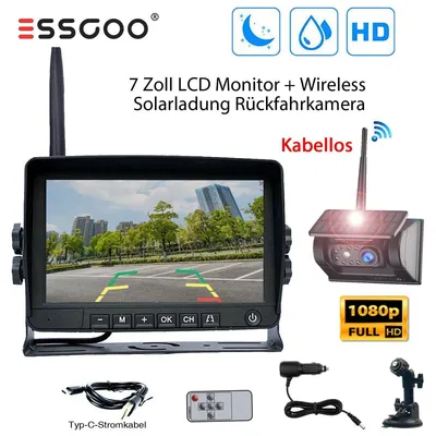 Produktbild von Rückfahrkamera Kabellos Solar mit 7 Zoll Monitor Nachtsicht Wohnmobil LKW Bus Anhänger Einparkhilfe 1080P Erfassungswinkel 150 Grad IP69 Wasserdicht 135