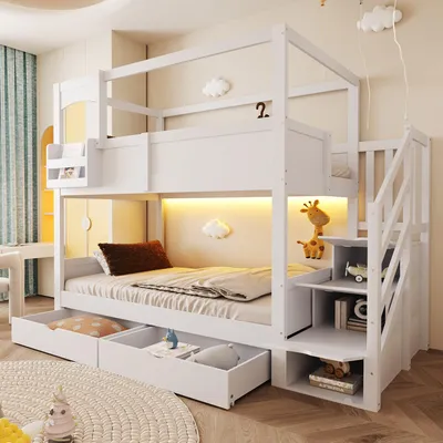 Produktbild von MODFU Kinder-Etagenbett 90x200 mit Hausdesign,Jugendbett Hochbett mit Aufbewahrungsleiter und Schubladen,Holzbett mit Tafel und Stauraum,Weiß(Mit eine Matratze)