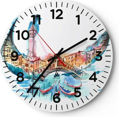 Produktbild von Wanduhr - Rund - Glasuhr - Gondel Gondoliere illustration Kultur - 30x30cm - Schleichendes Uhrwerk - Lautlos - zum Aufhängen bereit - Dekoration Modern - Wanddekoration aus Glas - C4AR30x30-3039
