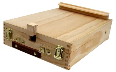 Produktbild von Malkoffer Luca aus nachhaltigem Kiefernholz , Tischstaffelei mit Utensilienkoffer, Keilrahmen bis 60 cm Höhe, Malbox