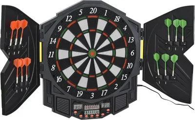 Produktbild von Elektronische Dartscheibe Dartboard Mit Tür Inkl. 4 Led 216 Spiele 12 Pfeile Bis 8 Spieler Abs + Pp 49 X 54,6 X 5,5 Cm