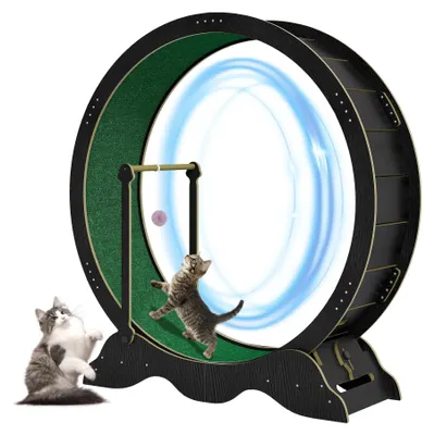 Image de Roue d'exercice pour chats - Tapis roulant pour chats - 114 cm - Tapis amovible - Jouet à balle - Système de verrouillage - Bois - Noir