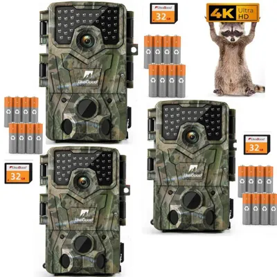 Image de Caméra de chasse Usogood 4K, caméra pour animaux sauvages 48 MP, Full HD, avec détecteur de mouvement, vision nocturne, temps de déclenchement de 0,3 s, caméra infrarouge, 32 Go, 3 pièces