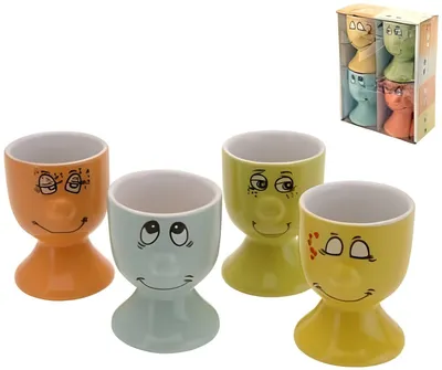 Produktbild von PolkaHome® 4-teiliges Set Eierbecher mit lustigen Gesichtern aus Porzellan, 7,2 cm Höhe, 5,3 cm Durchmesser, Weiß