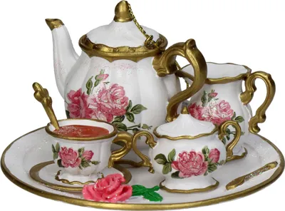 Produktbild von Christbaumschmuck 9cm Keramik Teeservice Figur Weiß / Gold