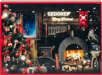A festive scene depicting an advent calendar with a Christmas tree, fireplace, tools, and an owl.