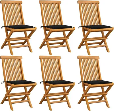 Produktbild von Gartenstühle mit Schwarzen Kissen 6 Stk. Massivholz Teak