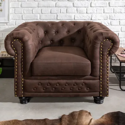 Produktbild von Chesterfield Sessel 110cm vintage braun mit Knopfheftung und Federkern