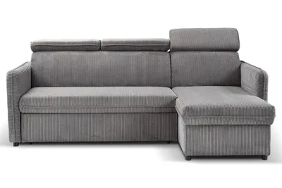 A dark gray sectional sofa with adjustable headrests shown from the front against a white background.