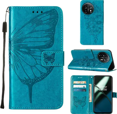 Produktbild von Lederhülle für OnePlus 11 Schmetterling Prägung Flip Ledertasche Kartenfächer Handyhülle mit Ständer Blau