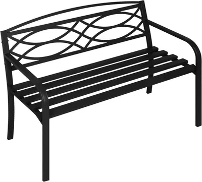 A black metal garden bench is shown against a white background.