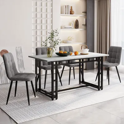 Immagine prodotto di okwish: Tavolo da pranzo nero con 4 sedie, set composto da 1 tavolo e 4 sedie, ideale per piccoli spazi, adatto perda pranzo e cucine, sedie da pranzo in lino grigio scuro, dimensioni 140 x 80 cm
