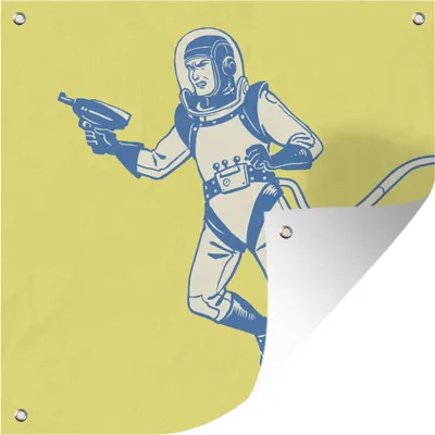 Produktbild von MuchoWow® 100x100 cm Outdoor-Poster Gartendeko Sichtschutz Garten Poster für den Garten Eine Science-Fiction-Illustration eines Astronauten mit einer Ray Gun