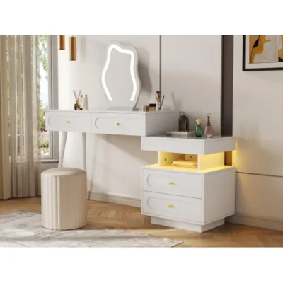 Produktbild von Schminktisch mit LED-Spiegel und Beleuchtung Schlafzimmer mit 4 geräumigen Schubladen und1 offenes Staufach B140/T40/H130 cm(ohne Hocker)