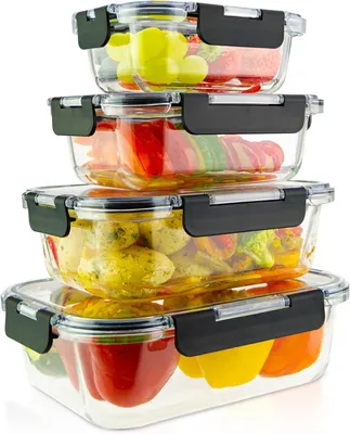 Obrázok produktu pre Sklenené dózy na potraviny sada 4 ks, 370 ml až 1550 ml, nepresakujúce, stohovateľné, pre kuchyňu