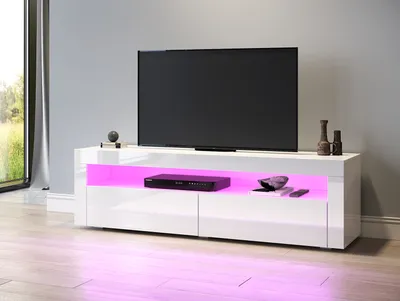 Obrázok produktu pre SUNXURY Biela nízka skrinka na TV s vysokým leskom 155 x 40 x 45 cm s 12 farbami LED LED osvetlením, s 2 výklopnými dvierkami, bezúchytkový dizajn