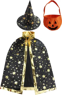 Produktbild von Verstellbarer Halloween-Umhang mit Pentagramm-Druck und Zaubererhut, Handtasche, bequemes, atmungsaktives Kostüm