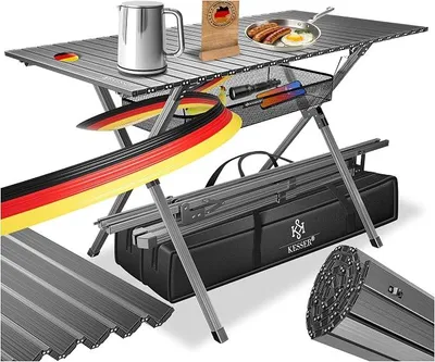 Produktbild von Campingtisch faltbar Klapptisch mit Aluminiumrahmen Aufrollbare Tischplatte Falttisch klappbar 145x70x70cm bis 100kg inkl. Tragetasche mit Trageband & Netztasche, Anthrazit