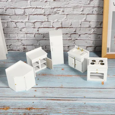 Obrázok produktu pre 1:12 drevený miniatúrny domček pre bábiky, integrovaný kuchynský nábytok, miniatúrny remeselný domček, hračka, biely mini