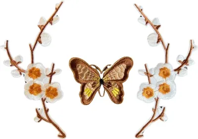 Produktbild von Blüten-Blumen-Schmetterlings-Emblem-Patch-Set zum Aufbügeln, Weiß