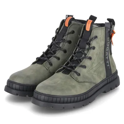 A pair of green leather boots with black laces and soles, set against a white background.