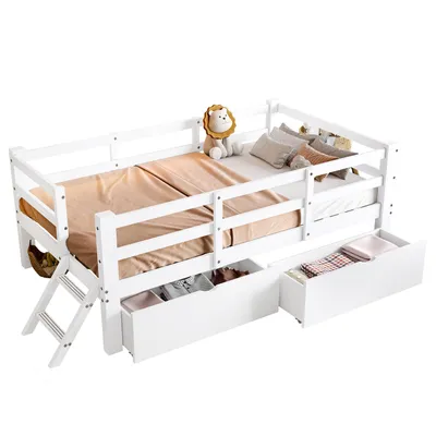 Produktbild von Kinderbett mit Trittleiter und 2 Schubladen, 90x200 cm, Rausfallschutz, Stauraum, Kiefer