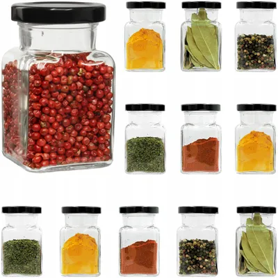 Obrázek produktu pro Sada 12 skleněných nádobek na koření o objemu 150 ml s černým víkem