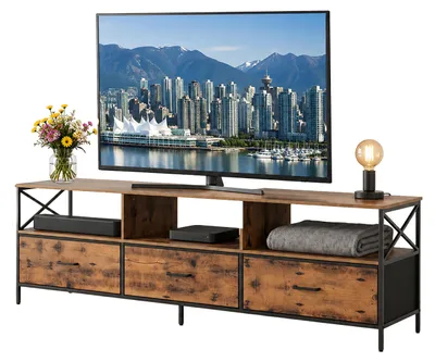 Produktbild von Relaxdays TV Lowboard, HxBxT: 50 x 170 x 40 cm, 3 Schubladen & Ablagen, MDF, Metall, Stoff, Fernsehtisch, braun/schwarz