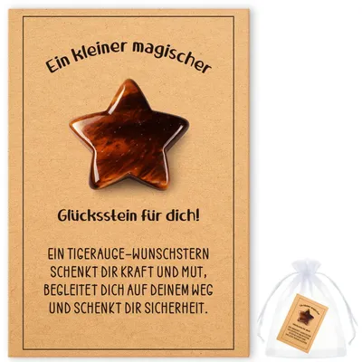 Produktbild von Glückssteine Set Stern Tigerauge mit Botschaftskarte im Organzasäckchen
