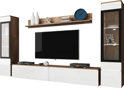 Produktbild von MIRJAN24 Wohnwand Vera II, Stilvoll Wohnzimmer-Set, TV-Schrank, Modern Mediawand (Wotan / Weiß Hochglanz, mit Beleuchtung)
