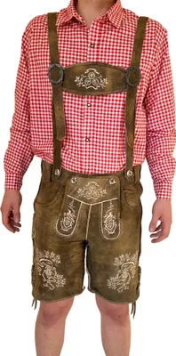Produktbild von Premium Herren Lederhose kurz Ziegenleder mit Hosenträger Deluxebestickung Tracht Oktoberfest, Größe: 50 Farbe: Braun