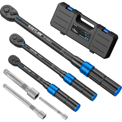 Zdjęcie produktu dla Zestaw kluczy dynamometrycznych, 6-częściowy, 1/2", 3/8", 1/4", zakresy: 5-25Nm, 5-60Nm, 20-220Nm, z nasadką grzechotkową 72-zębową i 3 przedłużkami