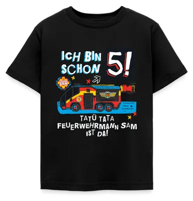 Produktbild von Spreadshirt Feuerwehrmann Sam Geburtstagsdesign 5 Jahre Kinder T-Shirt, 110/116 (5-6 Jahre), Schwarz