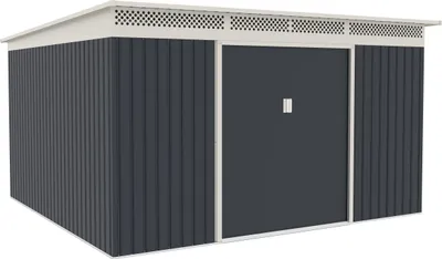 A dark gray garden shed with a white roof and trim, featuring a large sliding door.