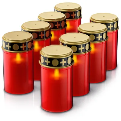 Productafbeelding van Bearware LED-kaarsen voor graven, set van 8 stuks, op batterijen, met flikkereffect en warmwit licht (3000 K), brandduur ongeveer 4 maanden per set batterijen, weerbestendig, rood