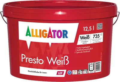 Produktbild von Alligator Presto Weiß LEF stumpfmatte Dispersions Innenfarbe, weiß, 12,5l : 12,5 Liter