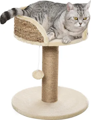 Image de PawHut Arbre à chat arbre à grimper grattoir design jeu pompon suspendu + plateforme peluche - 40 x 40 x 49 cm - jute café
