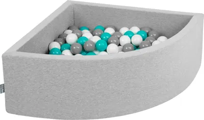Zdjęcie produktu dla KiddyMoon suchy basen trójkątny z piłeczkami 7cm jasnoszary: szary-biały-turkus 90x30cm/300piłek zabawka basen piankowy