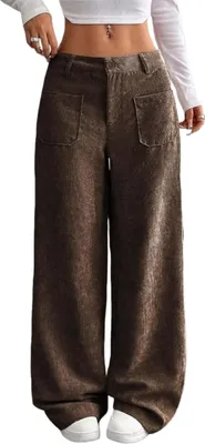 Produktbild von ASKSA Damen Cordhose High Waist Weites Bein Hosen Freizeithose Elegante Bequeme Locker Hose mit Taschen (Braun,M)