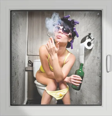 Produktbild von Wallario Lichtschutzbild, Dekorativer Sichtschutz Sonnenschutz 96 x 93 cm mit Motiv: Kloparty - Sexy Frau auf Toilette Zigarette & Schnapsflasche - farbig - Verdunklung ohne Bohren