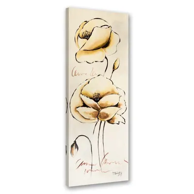 Zdjęcie produktu dla Obraz na płótnie, Złote malowane kwiaty 30x90 cm Feeby beżowy obraz na ścianę gotowy do powieszenia