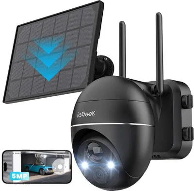 Zdjęcie produktu dla Kamera monitoringu ieGeek 5MP, Wi-Fi, zewnętrzna, bezprzewodowa, zasilana energią słoneczną, obracana 360°, akumulatorowa, 2,4 GHz, noktowizor, kolorowa, detekcja ruchu PIR, dwukierunkowy dźwięk