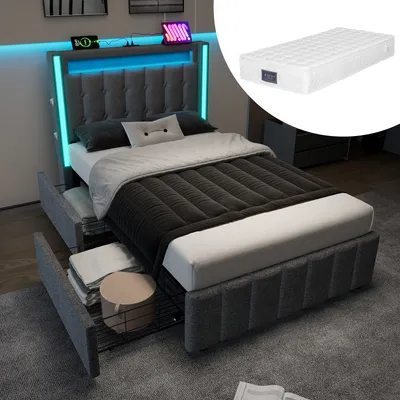 Produktbild von okwish Polsterbett Einzelbett 90 x 200 cm mit USB-Ladeanschluss und LED-Beleuchtung, Funktionelles Stauraumbett mit 2 Schubladen(Mit Matratze)- Grau