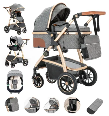 Image de Poussette 3-en-1 - Combiné poussette/landau - Poignée réglable en hauteur - Moustiquaire - Structure légère en aluminium - Pliable - Gris