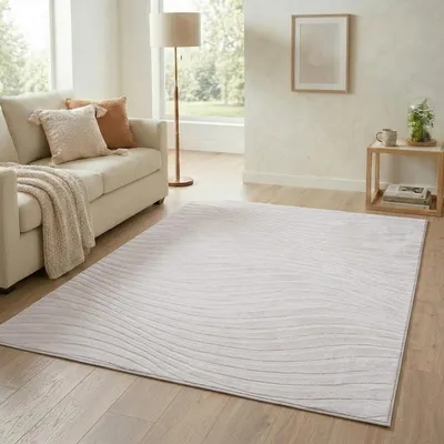 Produktbild von Teppich Kurzflor Wohnzimmer - 200x290 cm in Taupe - Modernes Wellen-Muster in 3D-Optik