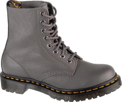 A single gray Dr. Martens boot is shown against a white background.