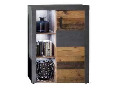 Image de Irina Buffet 1 porte et 3 tablettes de rangement, gris Matera, style vieux bois.