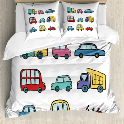 Produktbild von ABAKUHAUS Vintage Trucks Bettbezug Set für Einzelbetten, Cartoon Cars, Milbensicher Allergiker geeignet mit Kissenbezug, 200 cm x 200 cm - 80 x 80 cm, Mehrfarbig