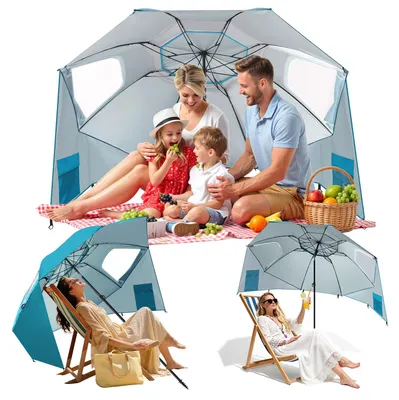 Image de Parasol de plage Peviasot 210 cm avec piquet en spirale, protection UV 50+, inclinable, hydrofuge, avec sac de transport pour la plage, le jardin et le camping, bleu ciel